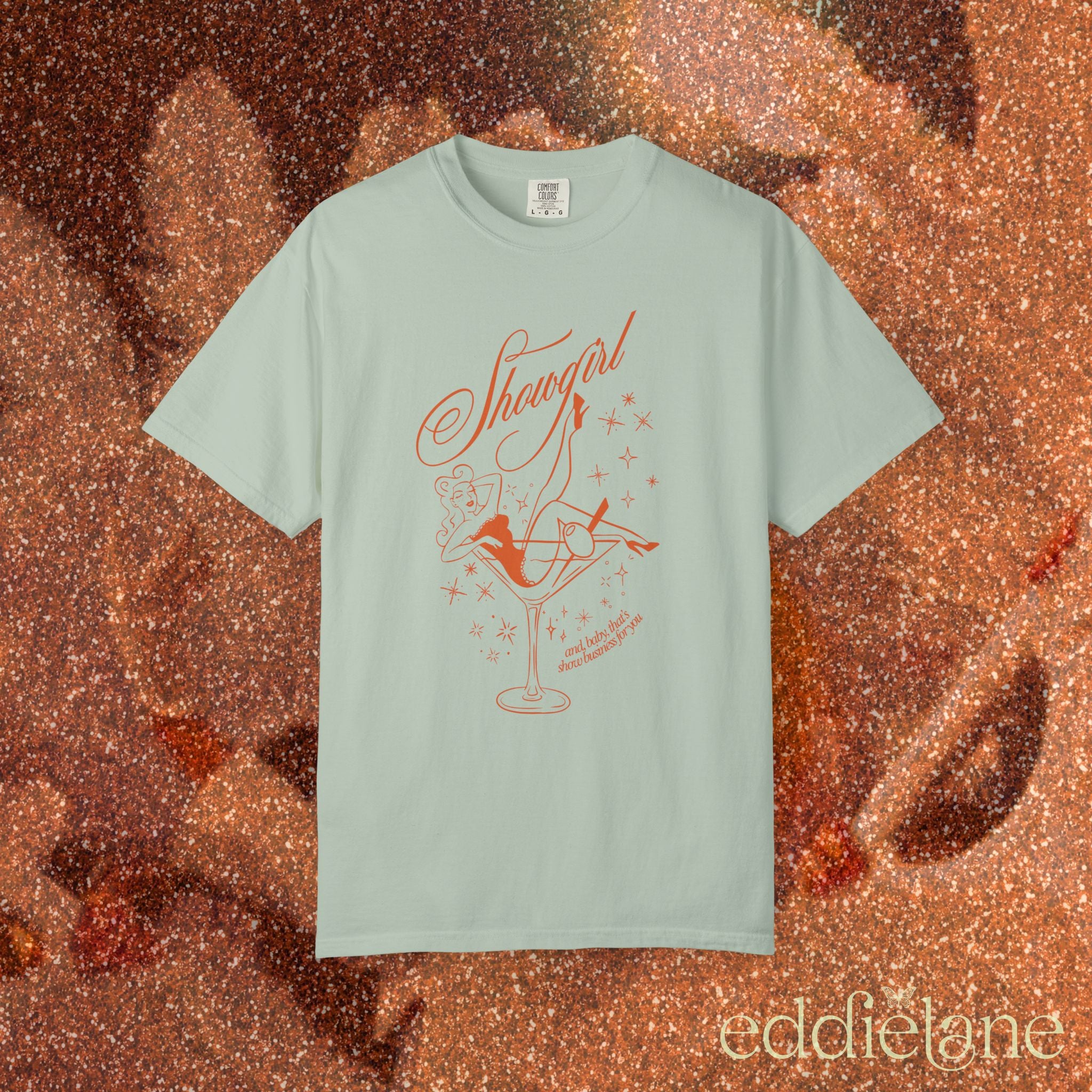 light minty green t-shirt with a graphic of a showgirl in a martini glass
bay ivory comfort colors shirt