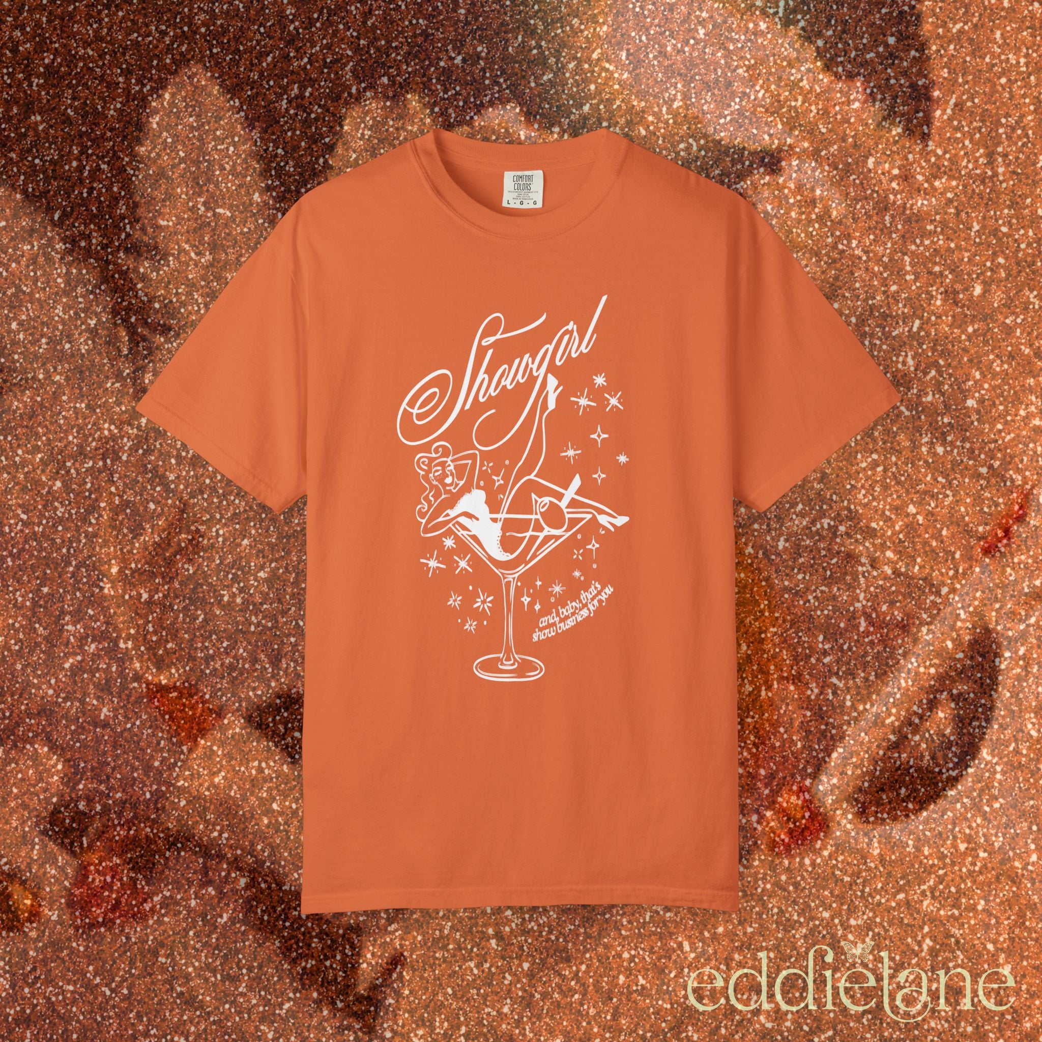 burnt orange t-shirt with a graphic of a showgirl in a martini glass
burnt orange ivory comfort colors shirt
