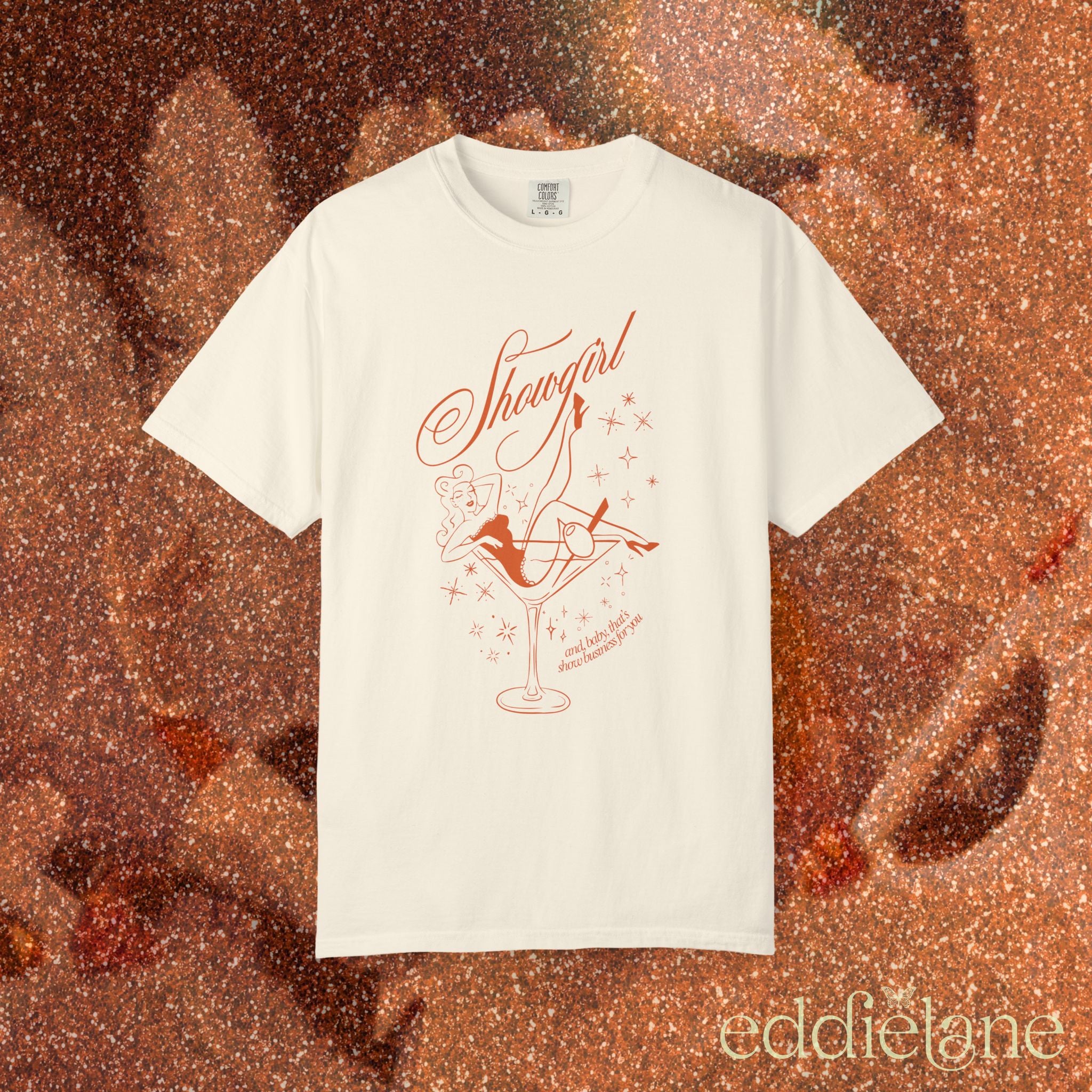 ivory t-shirt with a graphic of a showgirl in a martini glass
ivory comfort colors shirt
