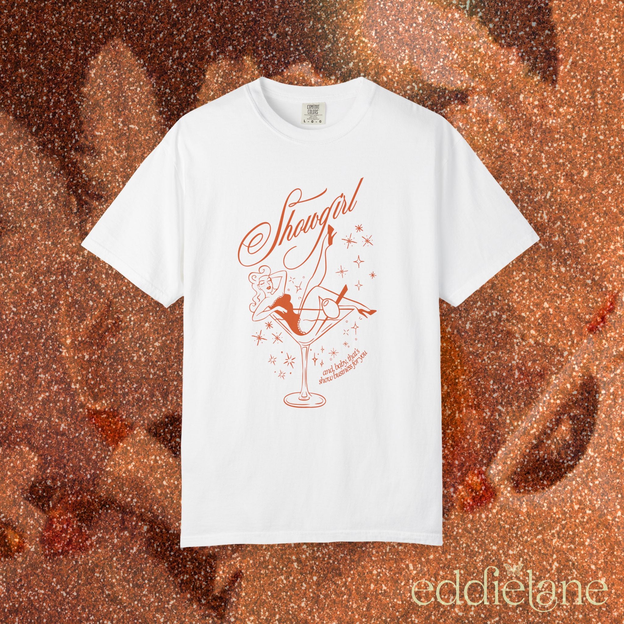 white t-shirt with a graphic of a showgirl in a martini glass 
white comfort colors shirt