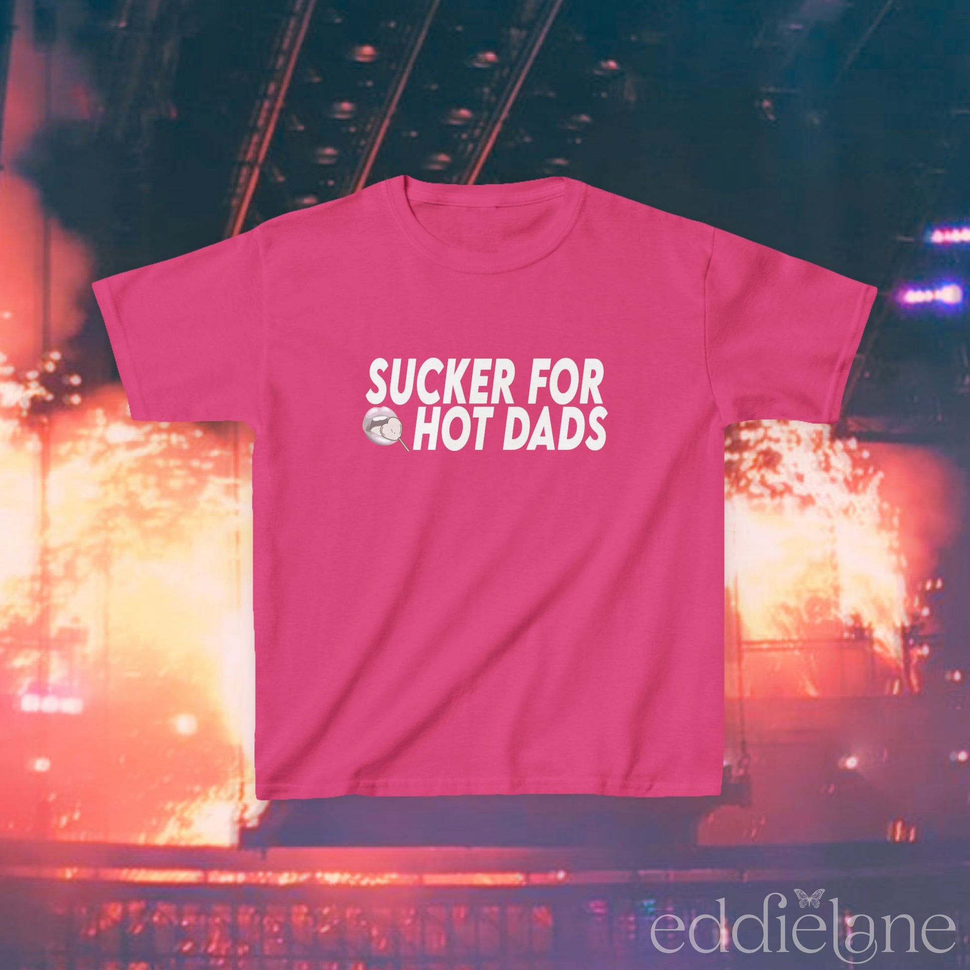 a hot pink baby tee with white design that says "sucker for hot dads" inspired by the jonas brothers.

sucker for hot dads hot pink baby tee