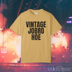 A mustard yellow t-shirt that says 'Vintage Jobro Hoe' in bold letters in black.
