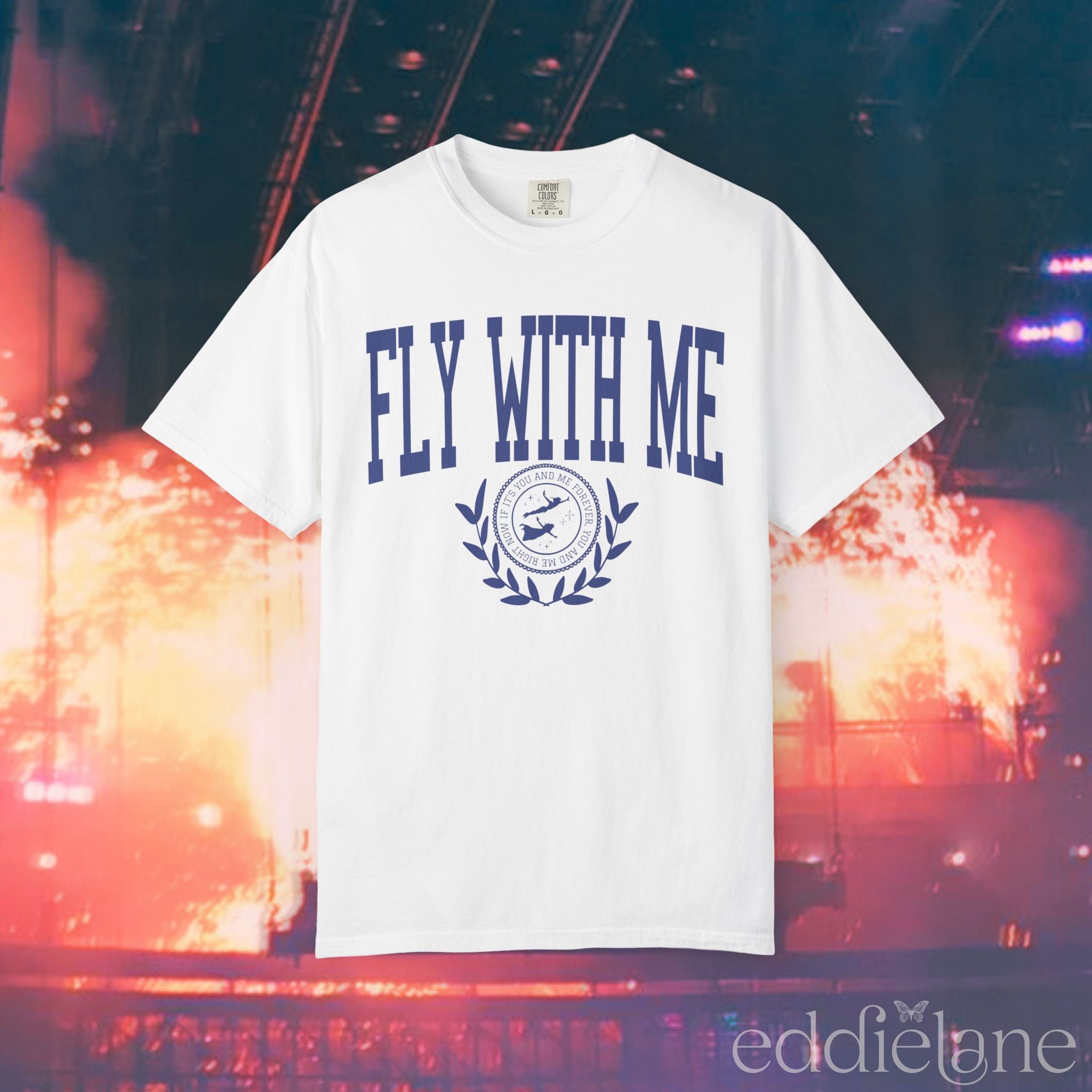 White collegiate t-shirt with the words 'FLY WITH ME' 