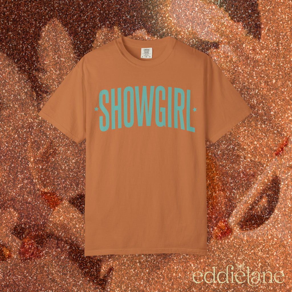 yam comfort colors graphic tee that says 'SHOWGIRL' with two small stars 

yam showgirl tee